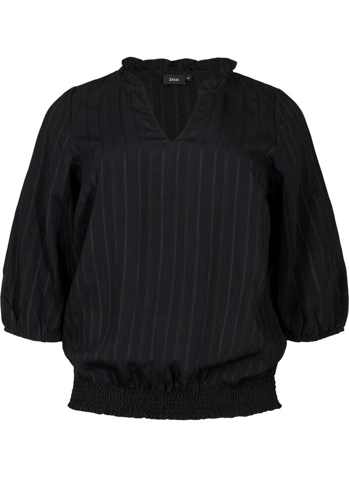Viskosblus med 3/4-ärm och smock, Black, Packshot image number 0