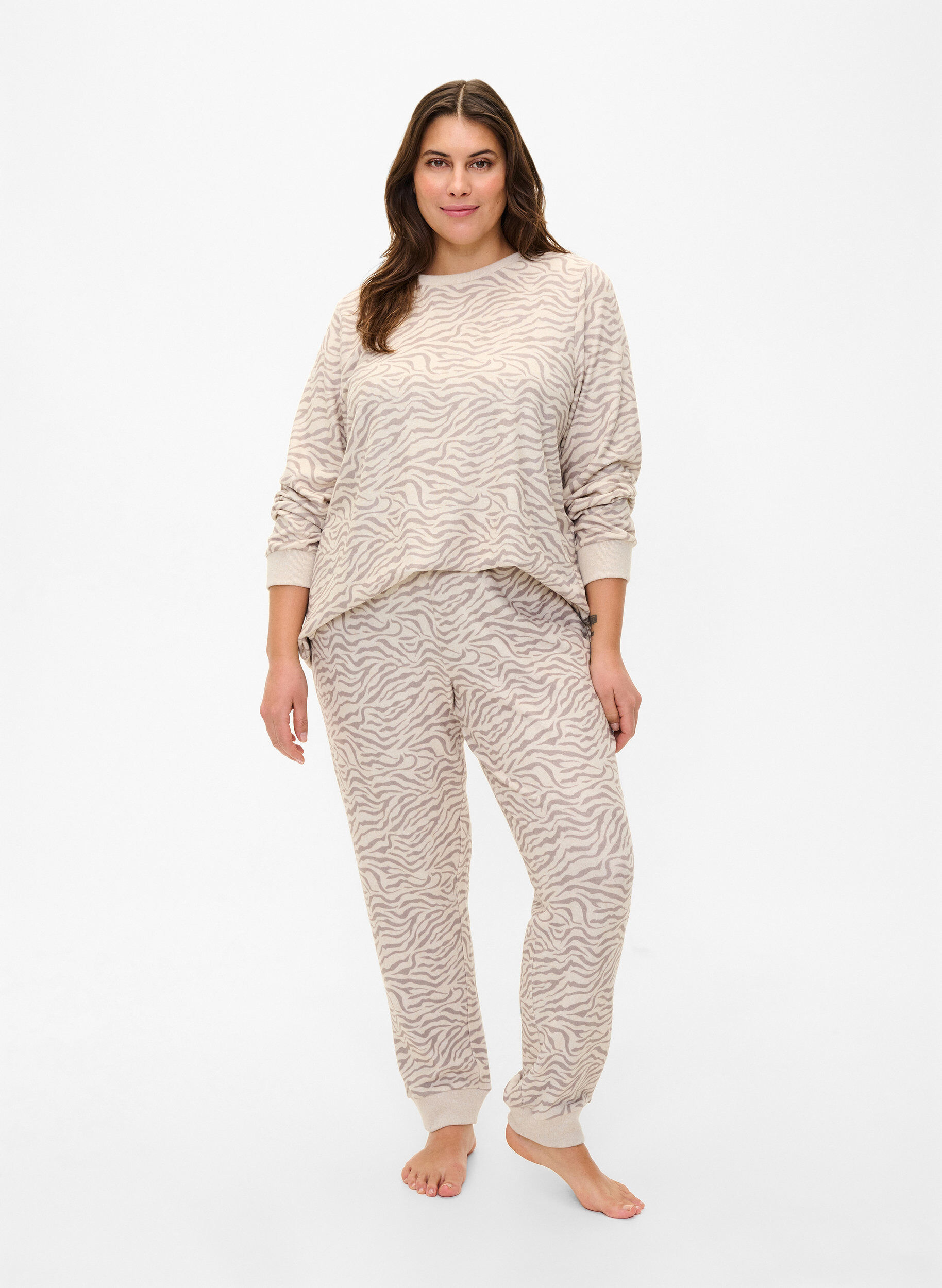 Zizzi Byxor i velour med tryck, Pink Tint AOP, Model image number 0