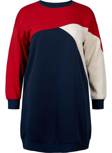 Lång sweatshirt med blockfärger, Navy Color Block, Packshot image number 0