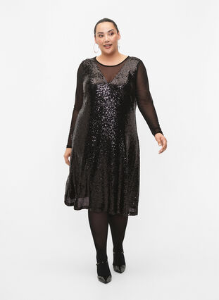 A-formad paljettklänning med långa ärmar, Black, Model image number 3