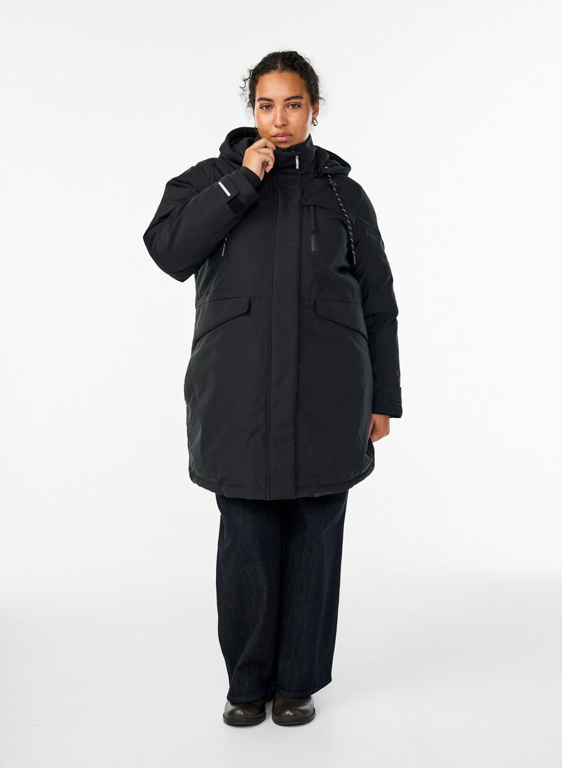 Vattenavvisande parkas med huva och funktionella detaljer, Svart, Model image number 1