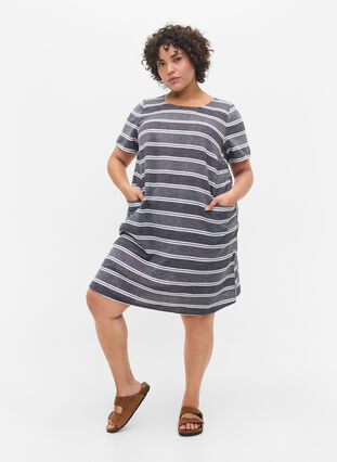 Randig klänning med korta ärmar, Blue Stripe, Model image number 2