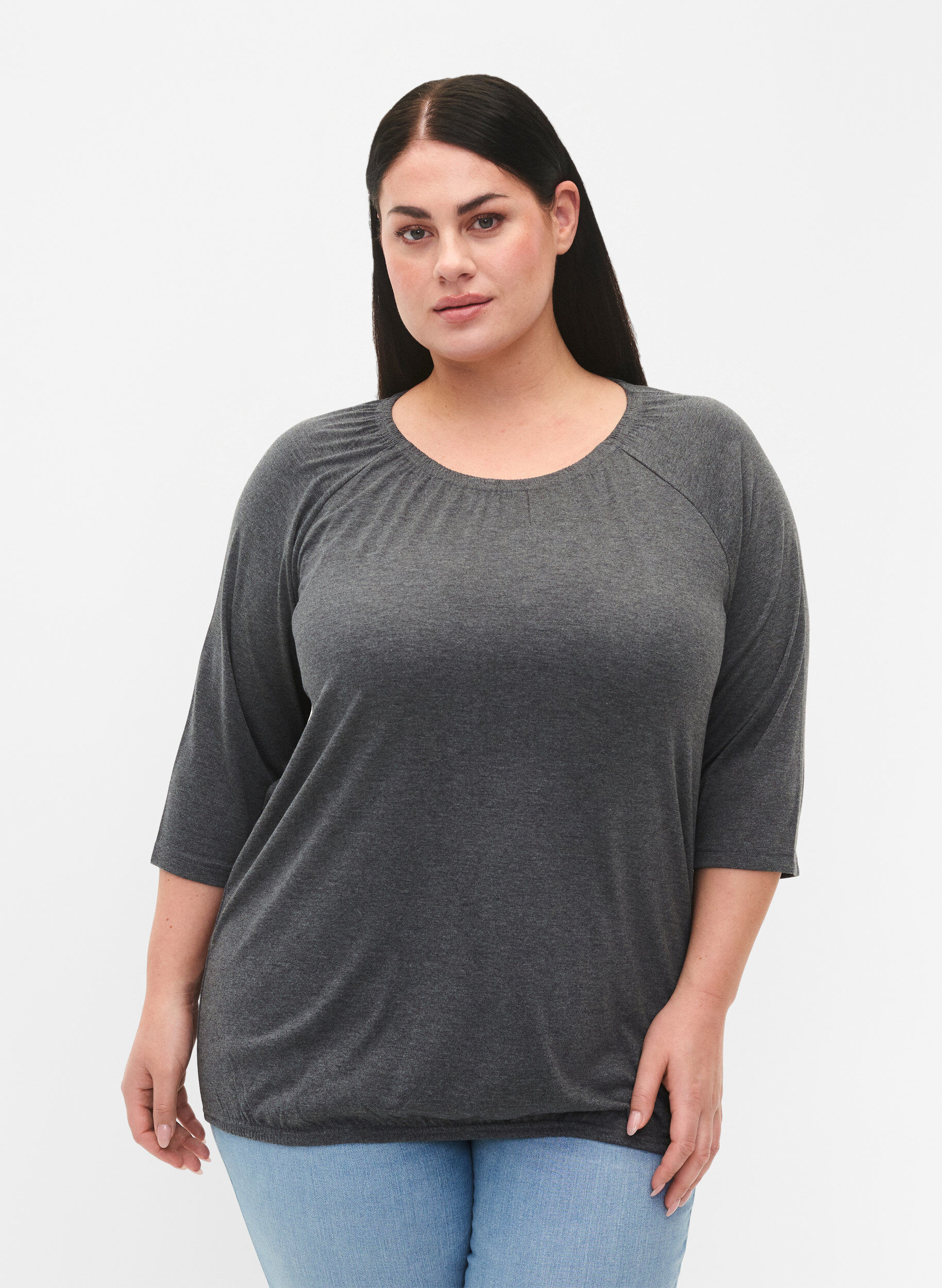 Zizzi Stripad blus med 3/4 &auml;rmar, Dark Grey Melange, Model image number 0