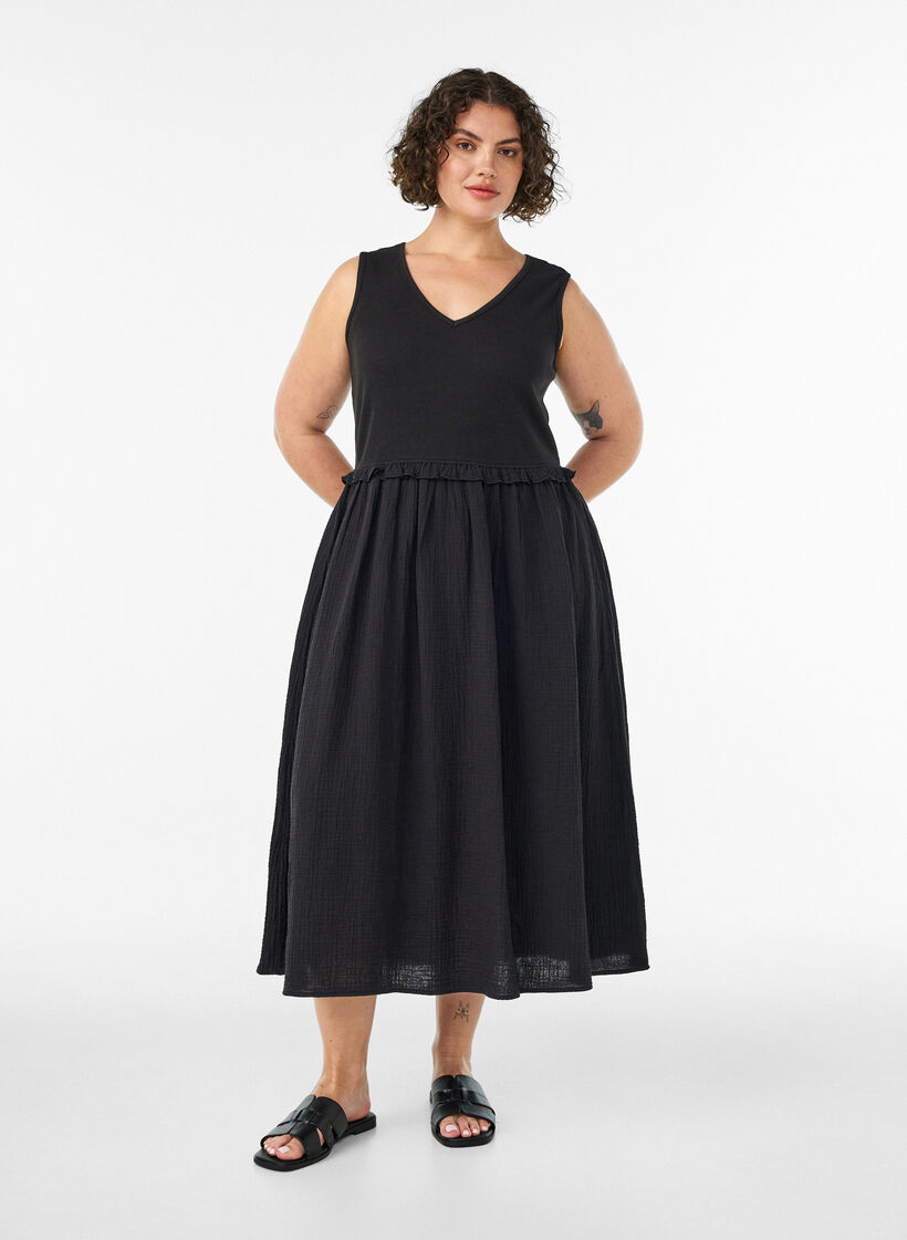 &Auml;rml&ouml;s midikl&auml;nning i bomull med ribb och muslin, Svart, Model image number 0