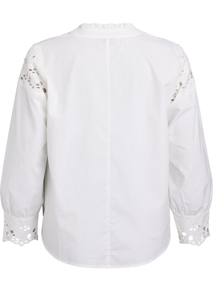 Blus med v-ringning och broderie anglaise-detaljer, Vit, Packshot