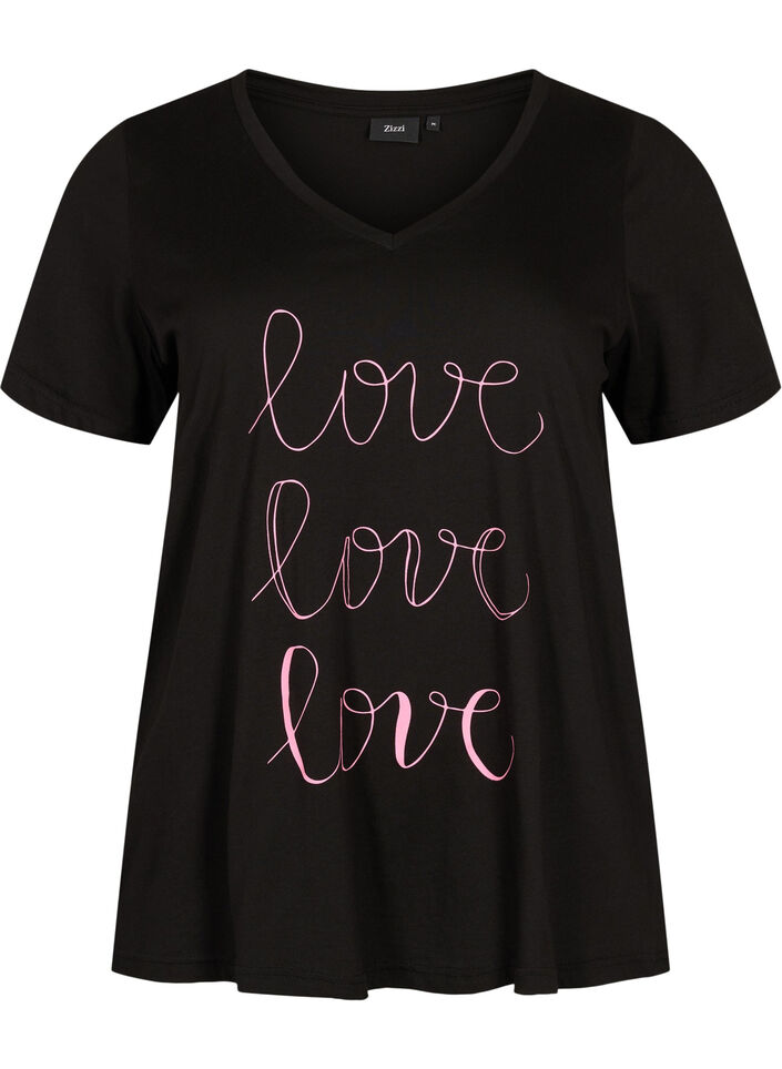 T-shirt i bomull med V-ringad hals och tryck, Black W. Love, Packshot image number 0
