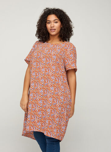 Mönstrad klänning med korta ärmar, Orange Flower AOP, Model image number 0