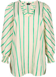 Randig tunika i bomull med smock och volanger, Beige Green Stripe