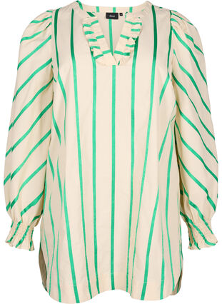 Randig tunika i bomull med smock och volanger, Beige Green Stripe, Packshot image number 0