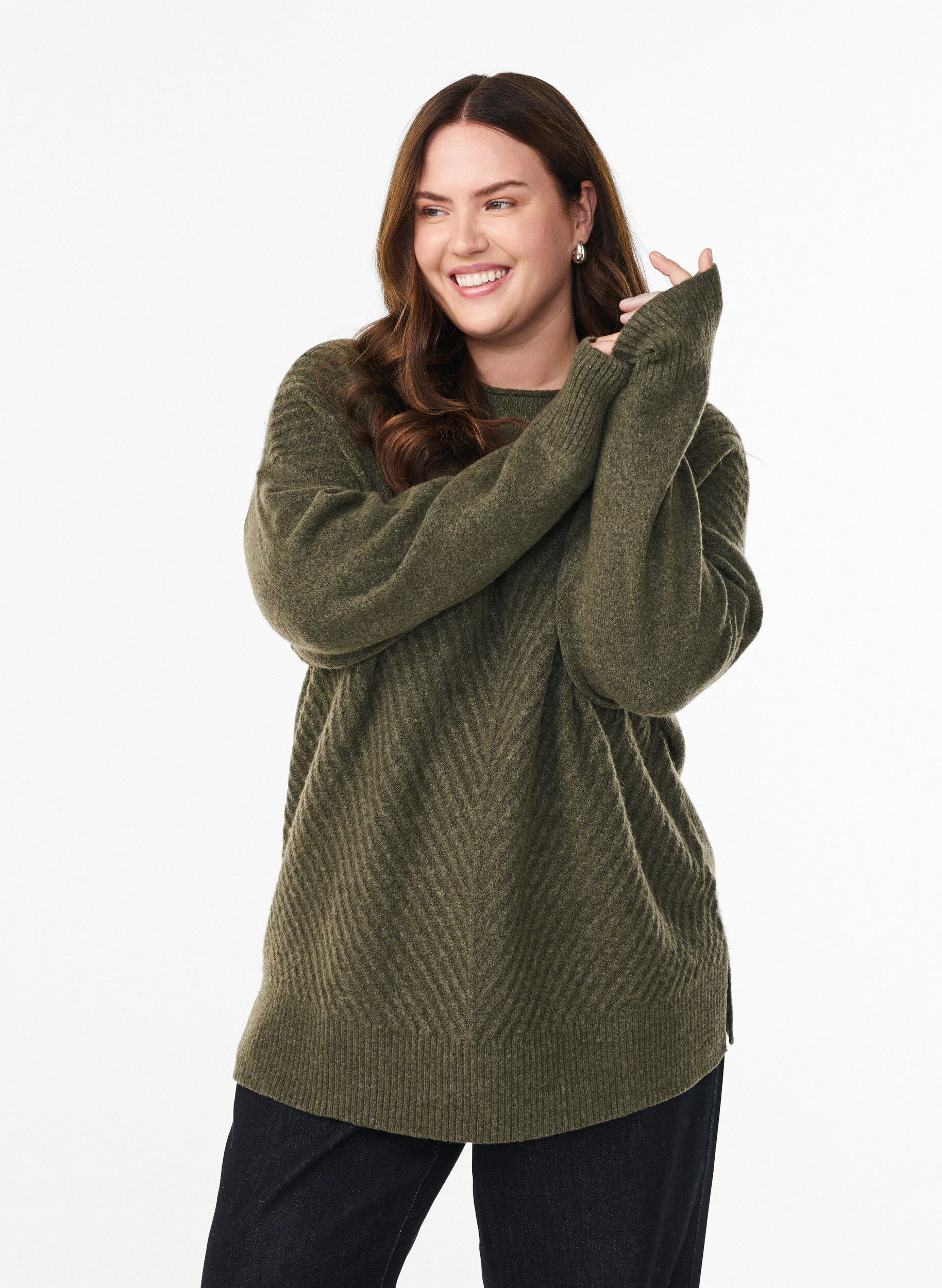 Stickad blus med V-format ribbm&ouml;nster och slitsar, Gr&ouml;n, Model