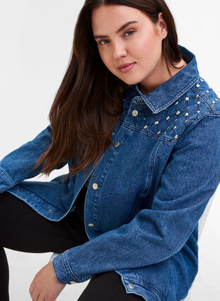 Jeansjacka i bomull med nitar, Blue denim ASS, Model image number 2