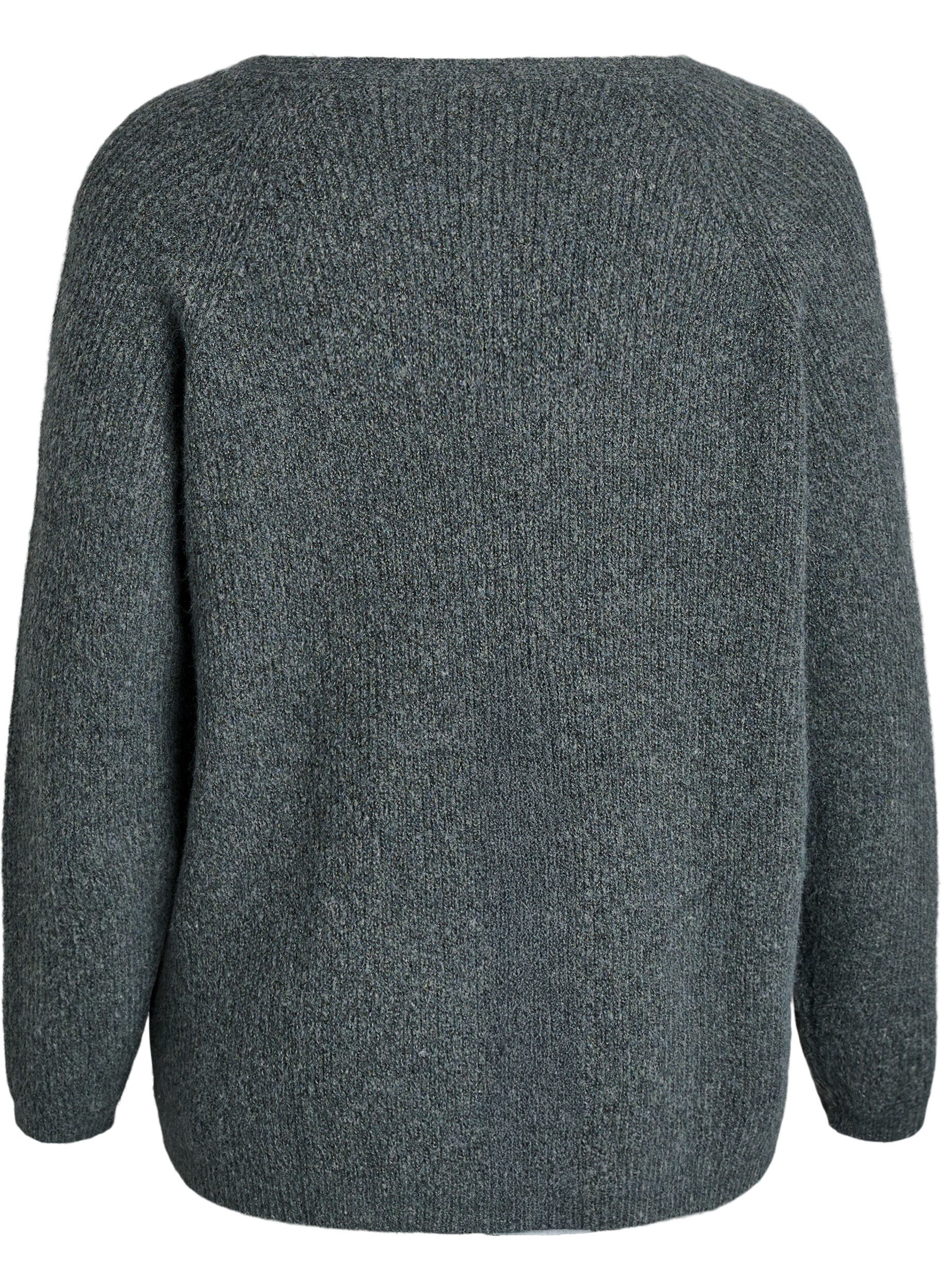 Zizzi Stickad blus med v-ringning och raglan&auml;rmar, Gr&ouml;n, Packshot image number 1