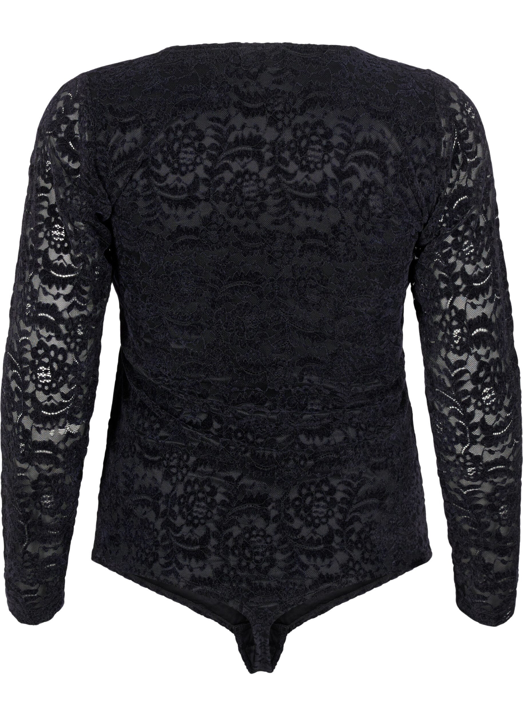 Zizzi Bodystocking i spets med l&aring;nga &auml;rmar, Black, Packshot image number 1