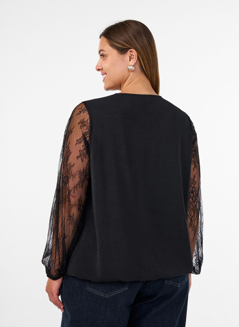 Blus med spets&auml;rmar i ballongmodell, Svart, Model image number 2