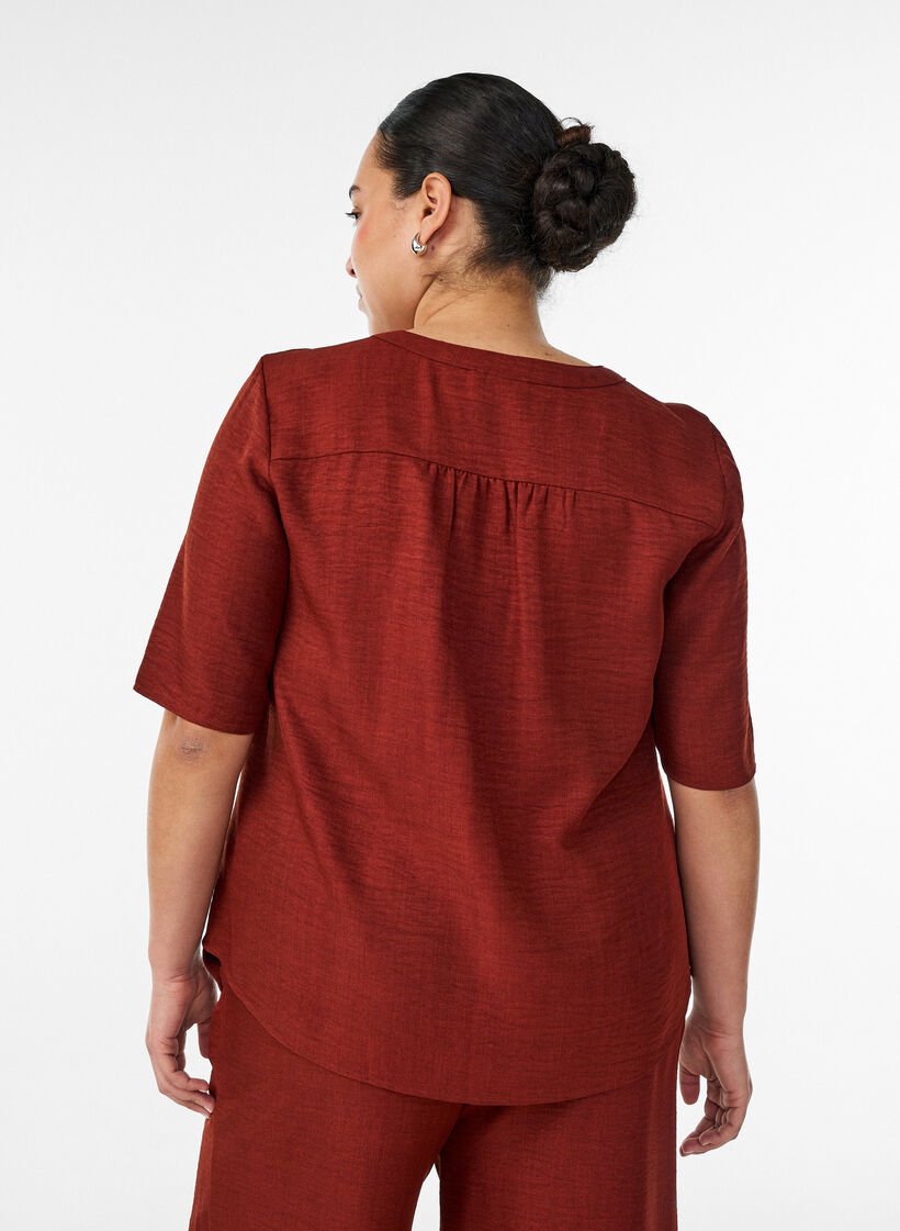 V-ringad skjortblus med korta &auml;rmar, R&ouml;d, Model image number 2