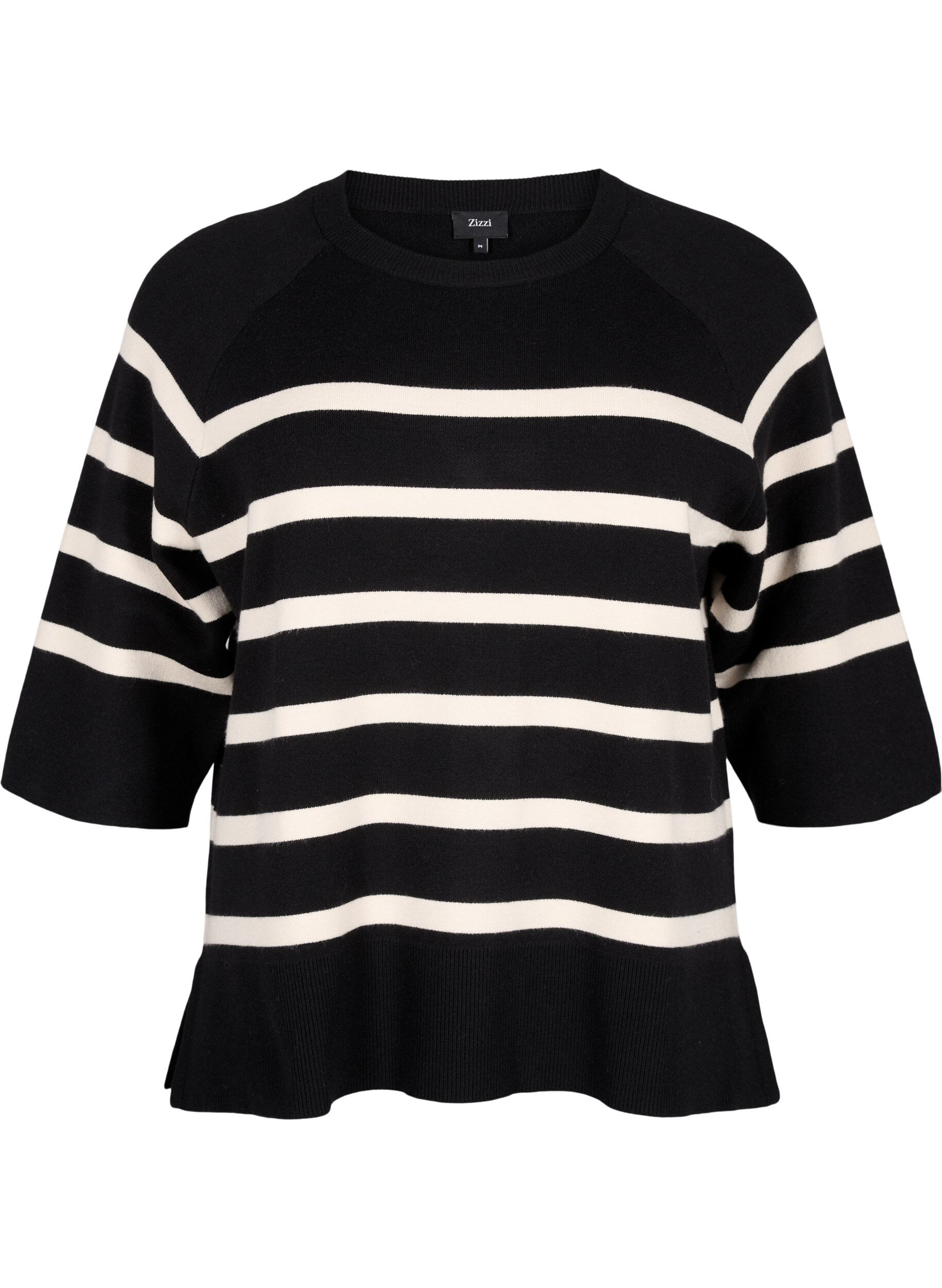 Zizzi Stickad blus med 3/4-&auml;rm och r&auml;nder, Black Birch Stripes, Packshot image number 0