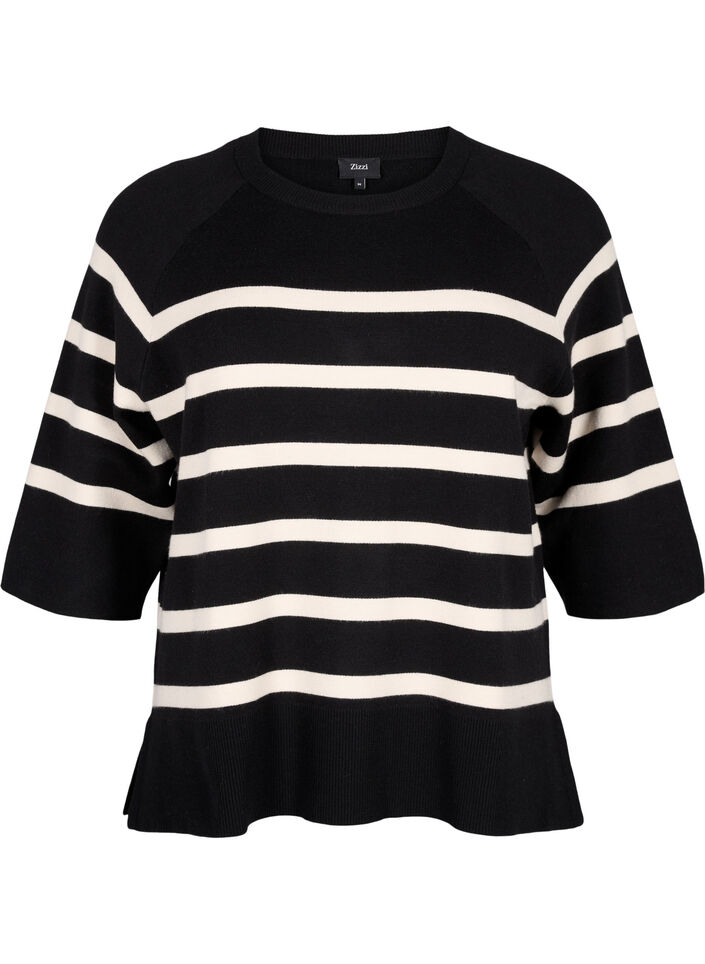 Stickad blus med 3/4-ärm och ränder, Black Birch Stripes, Packshot image number 0