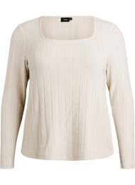 Jerseyblus med fyrkantig halsringning och ribbad textur, Beige