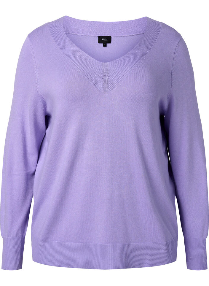 V-ringad stickad tröja med viskos, Lavender, Packshot image number 0