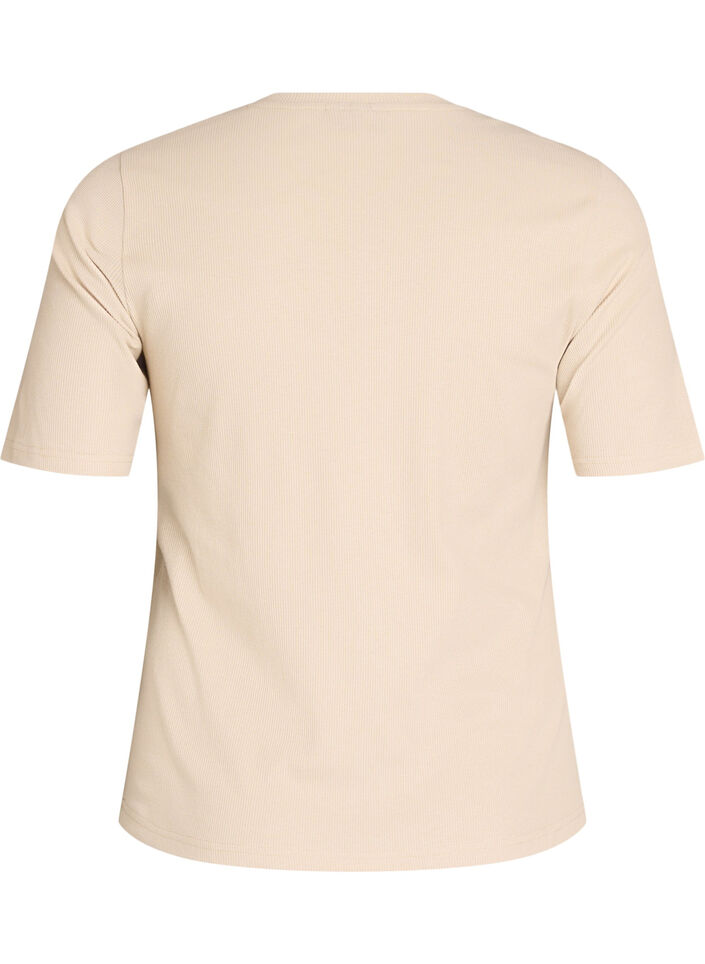 Ribbad bas-T-shirt med rund hals, Beige, Packshot image number 1
