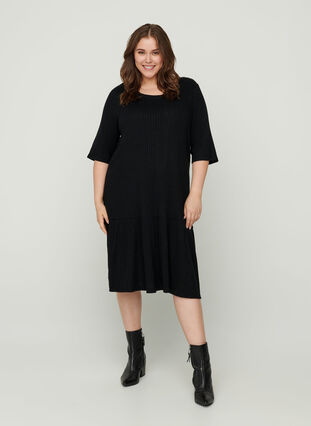 Ribbad klänning med 2/4 ärmar, Black, Model image number 2