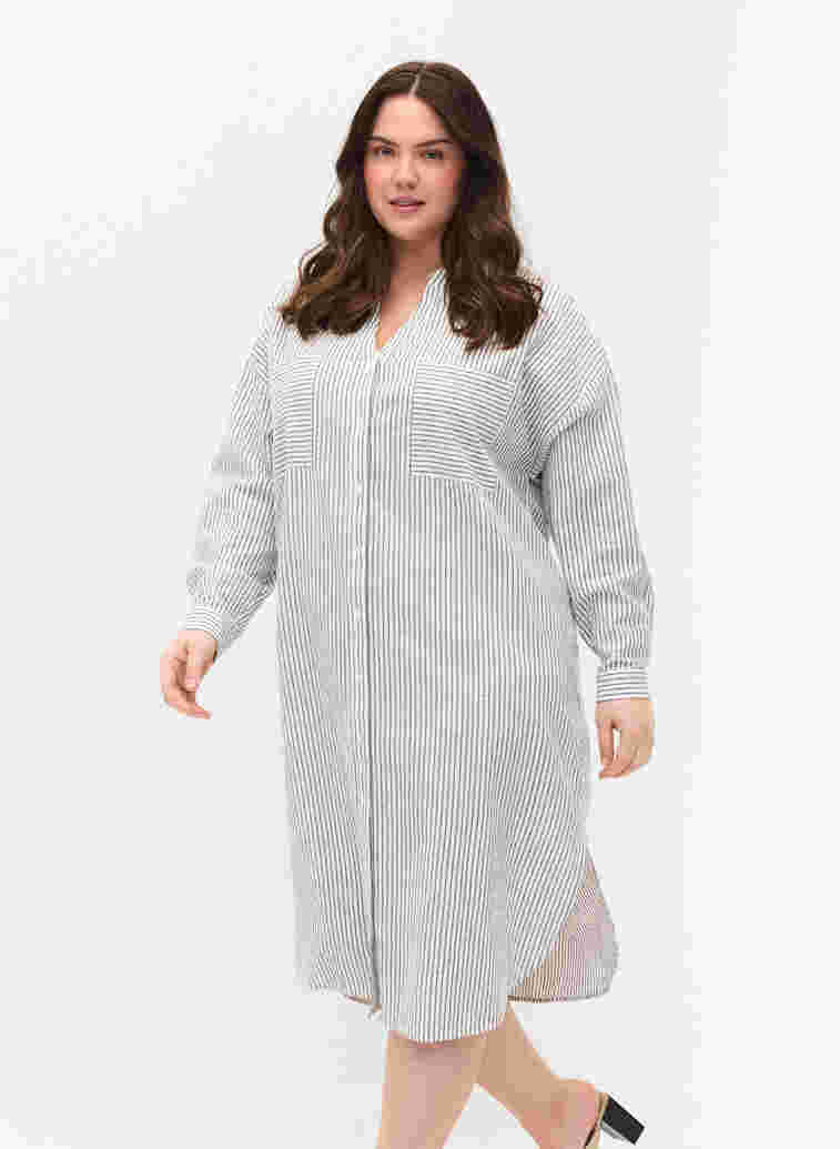 Randig skjortklänning i bomull, White Stripe, Model image number 0