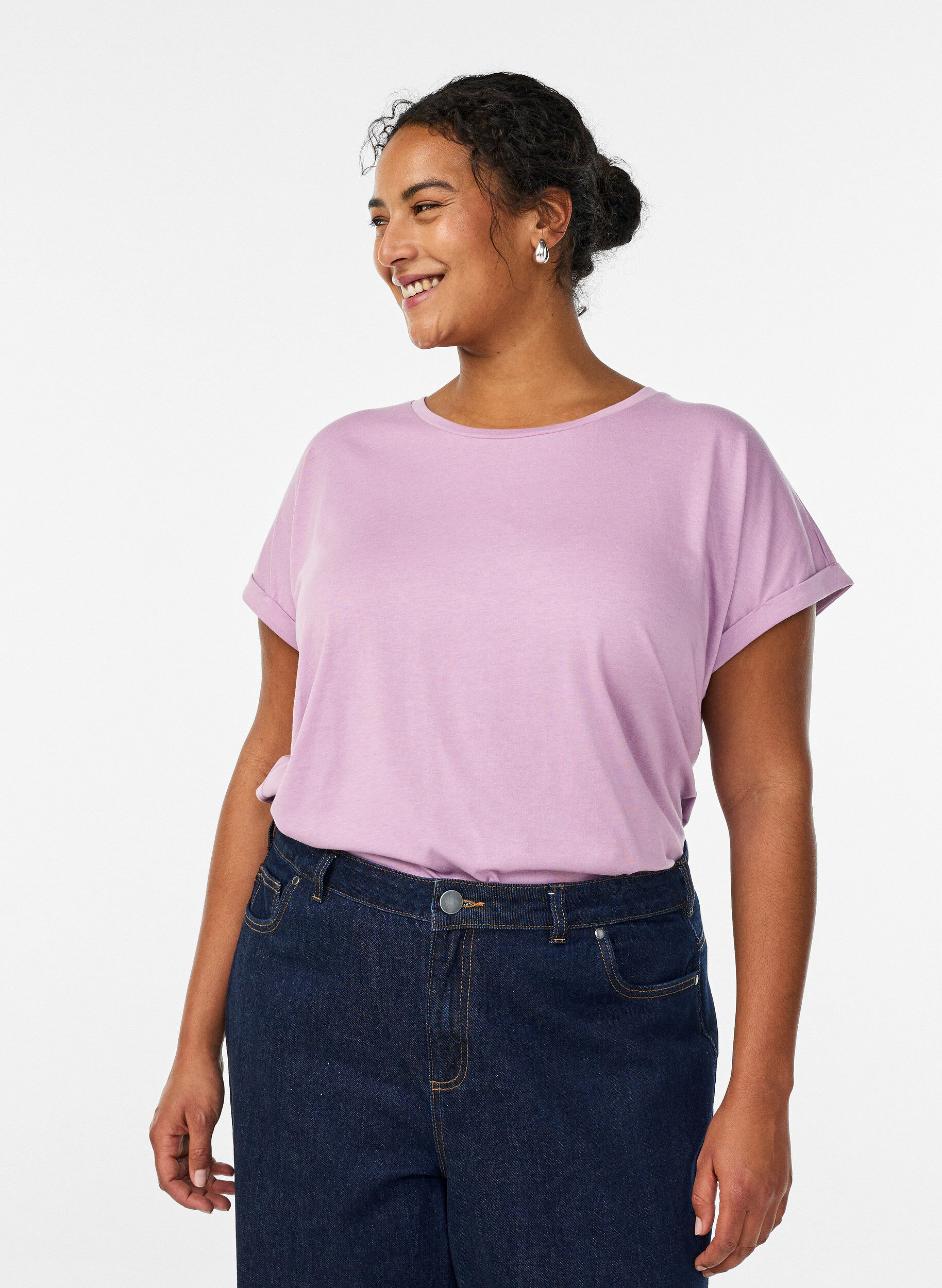 Zizzi Kort&auml;rmad t-shirt i bomullsmix, Lila, Model image number 0