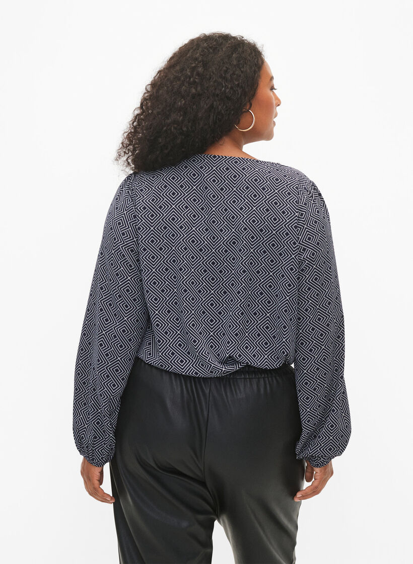 Skjortblus med V-ringning och tryck, Navy Graphic AOP, Model image number 1