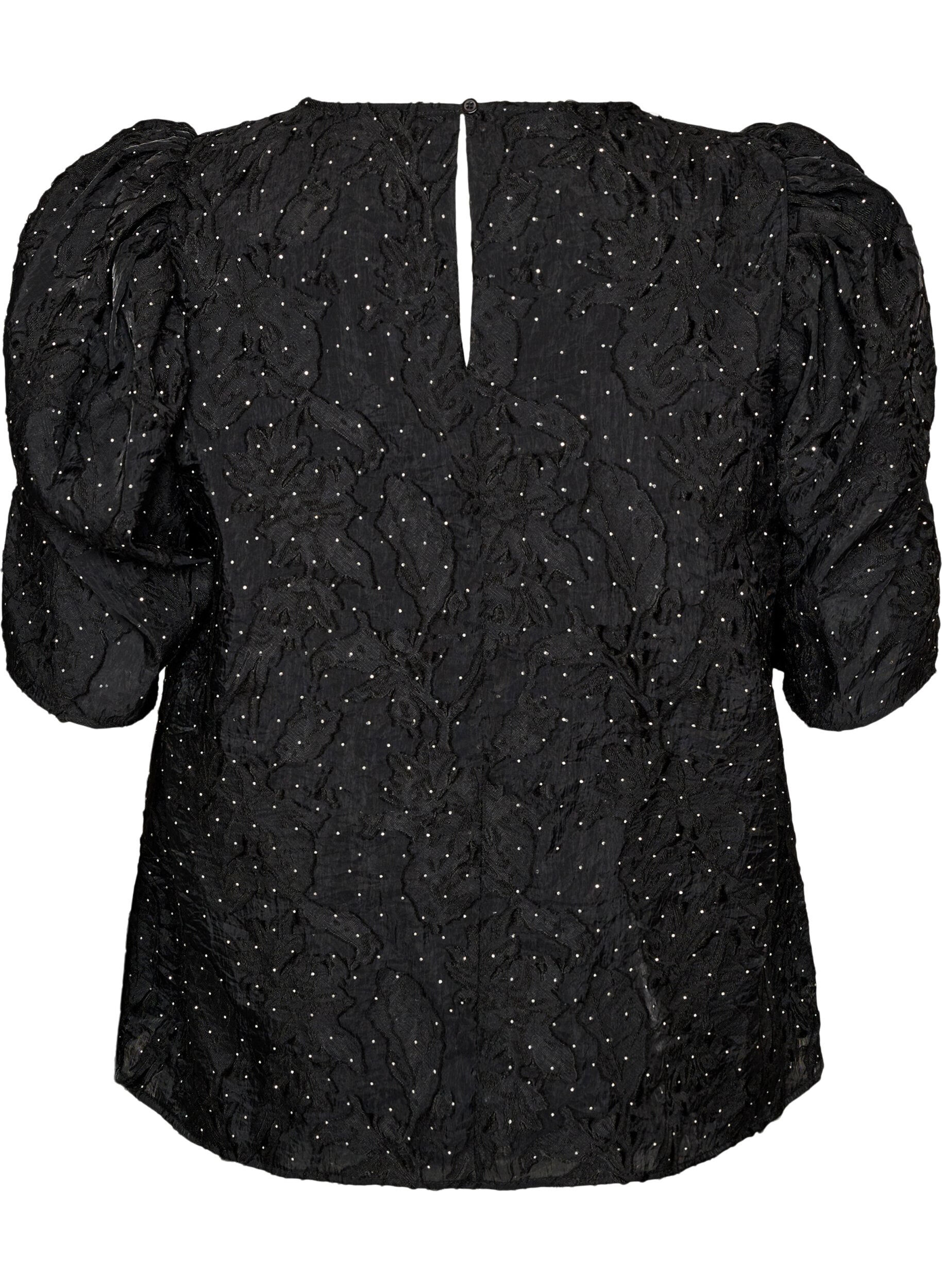 ZizziJacquardblus med glittriga detaljer och puff&auml;rmar, Svart, Packshot image number 1