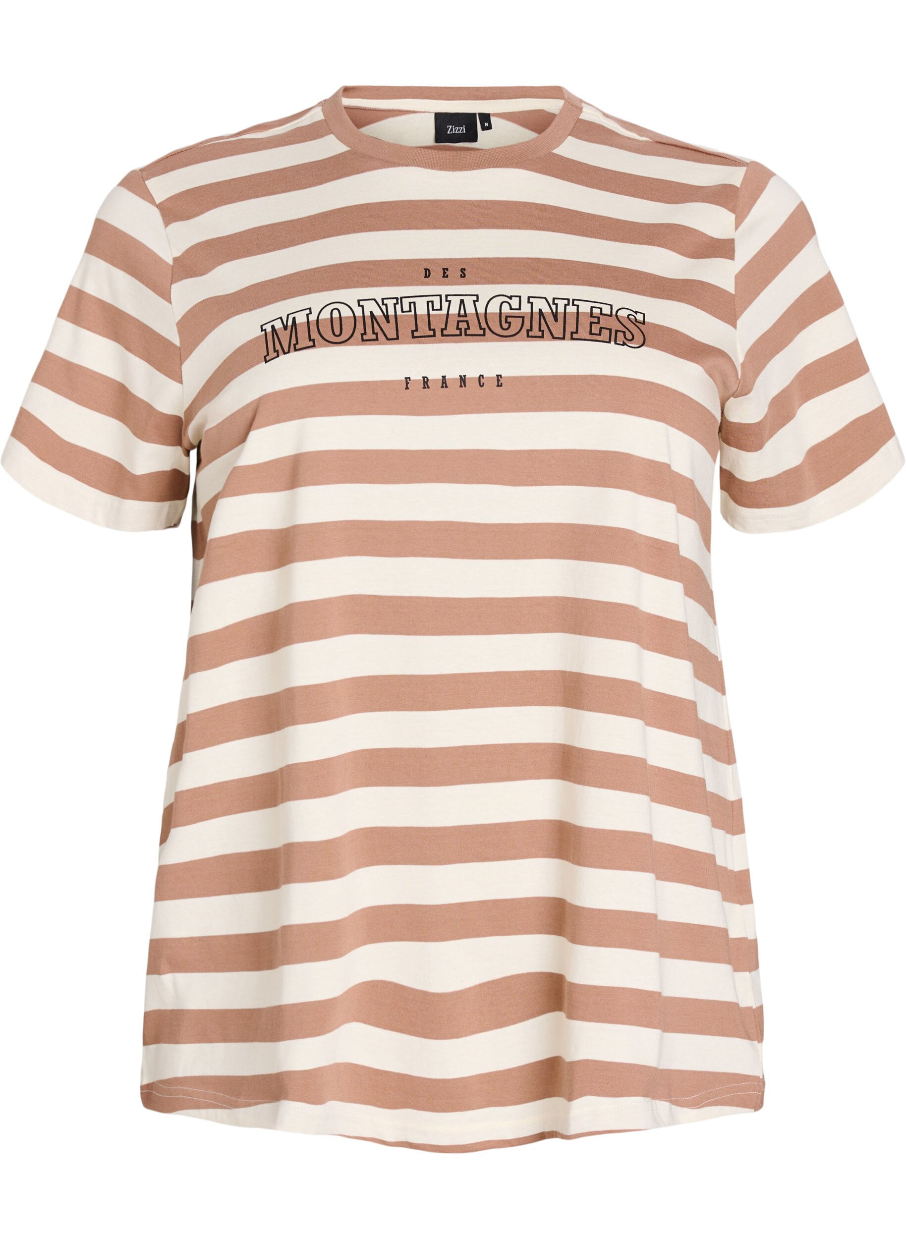 Zizzi T-shirt i ekologisk bomull med r&auml;nder och text, Brun, Packshot image number 0