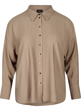 Enfärgad viskosskjorta med långa ärmar, Timber Wolf, Packshot image number 0