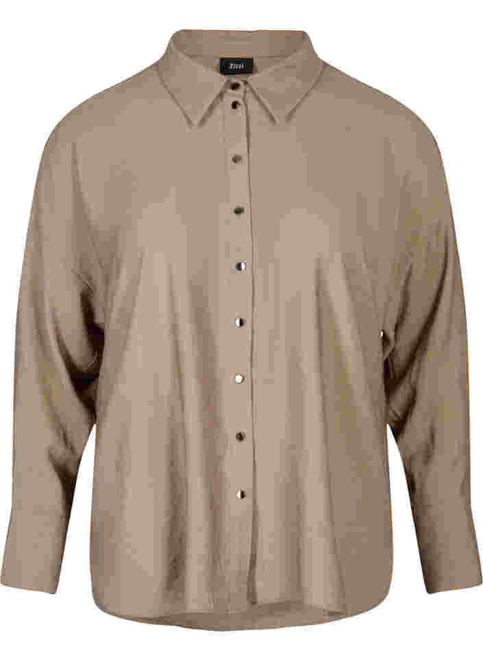 Enfärgad viskosskjorta med långa ärmar, Timber Wolf