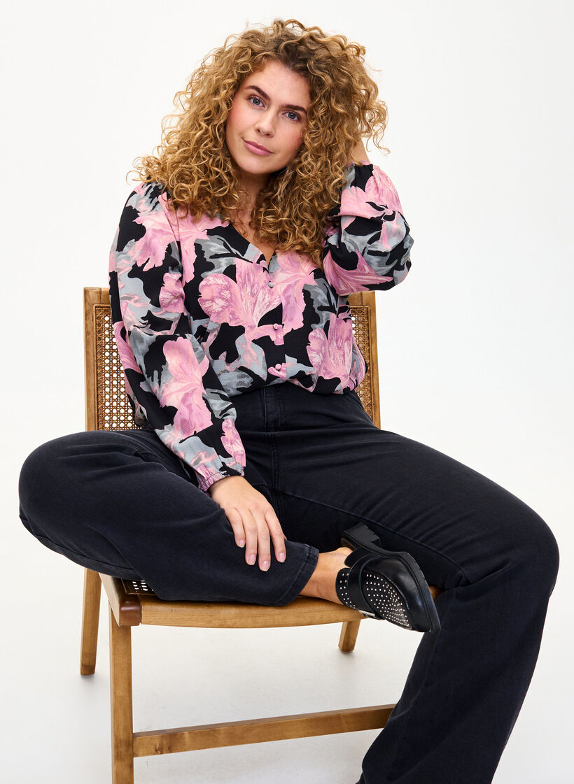 Skjortblus med V-ringning och tryck, Black Pale Mauve Fl., Image image number 0