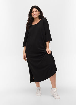 Midiklänning i bomull med slits , Black, Model image number 0