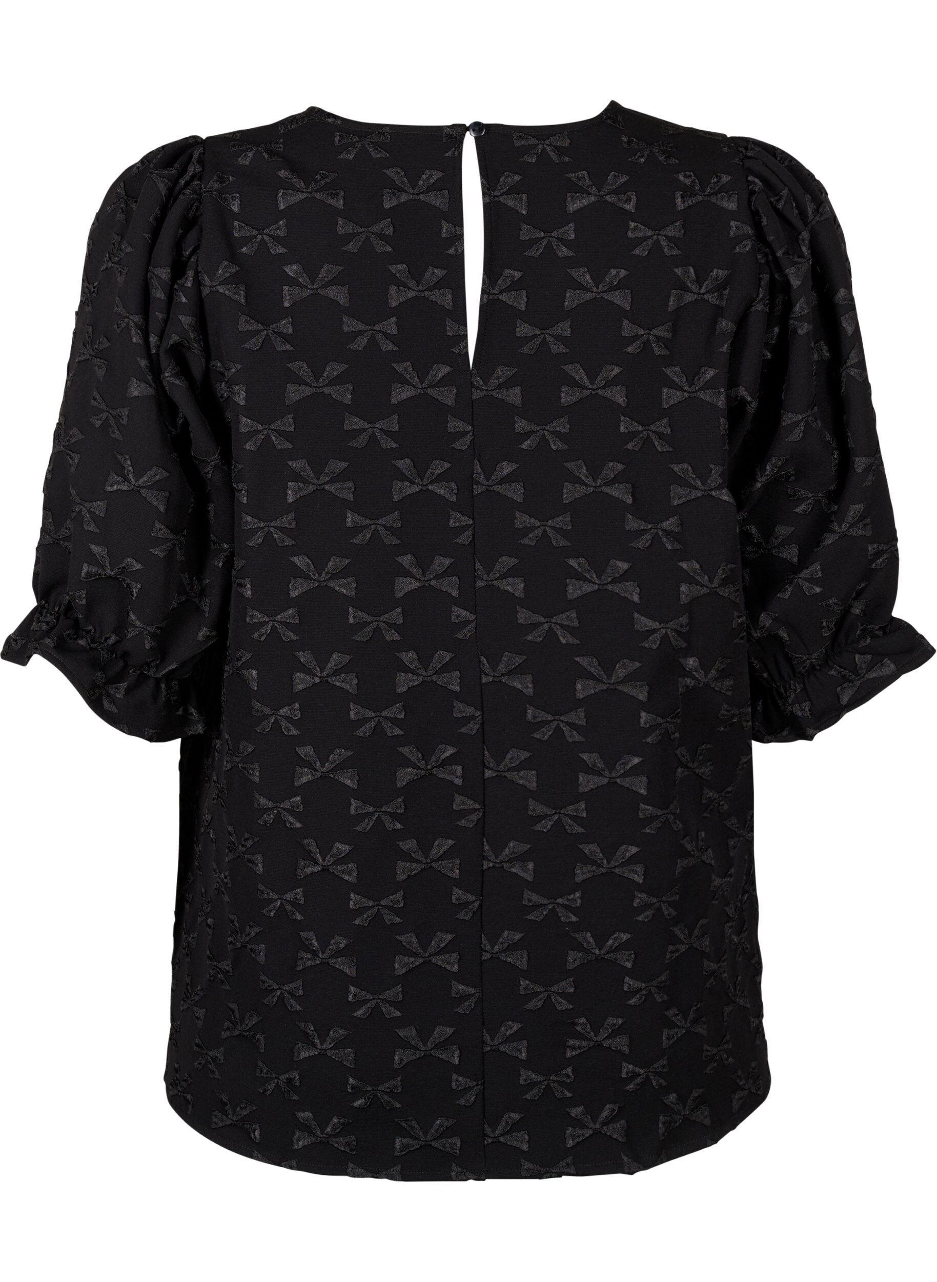 Zizzi Kort&auml;rmad blus i jacquard med rosetter, Black W. Bow, Packshot image number 1