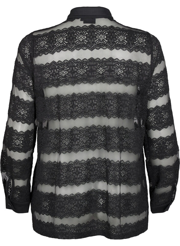 Lös skjorta med spets och transparent mesh, Black, Packshot image number 1