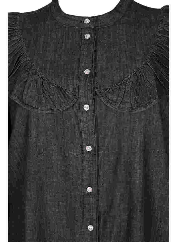 Jeansklänning med dekorativa knappar och volanger, Black Washed, Packshot image number 2