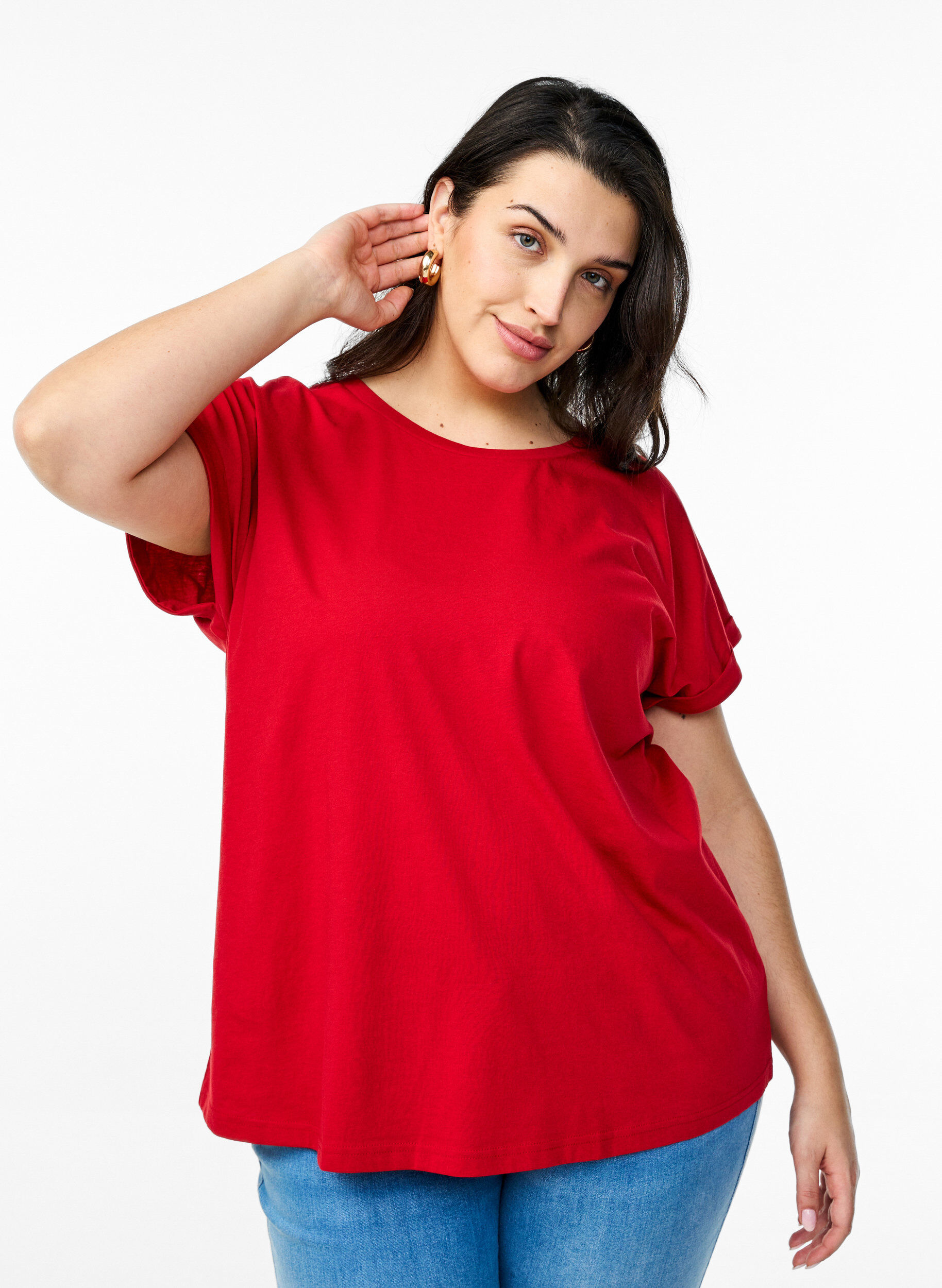 ZizziKort&auml;rmad t-shirt i bomullsblandning, R&ouml;d, Model image number 0