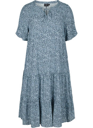 Kortärmad viskosklänning med mönster, Blue Flower Mix, Packshot image number 0