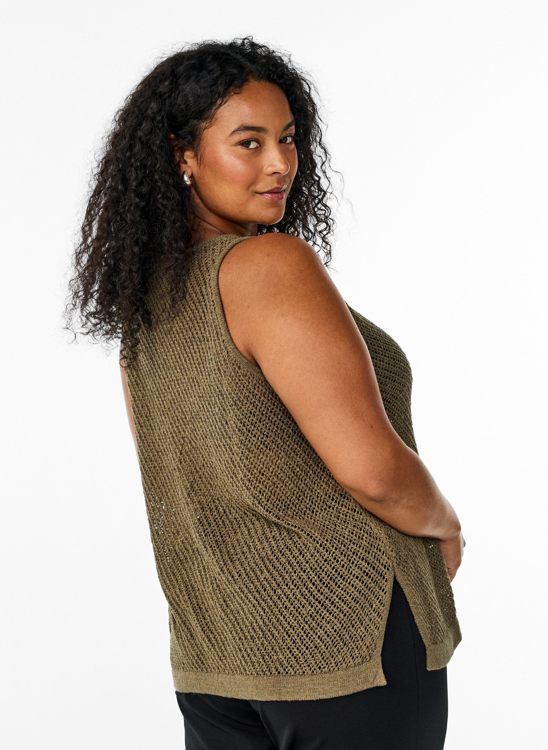 Zizzi FLASH - &Auml;rml&ouml;s stickad topp med v-ringning, Gr&ouml;n, Model image number 2