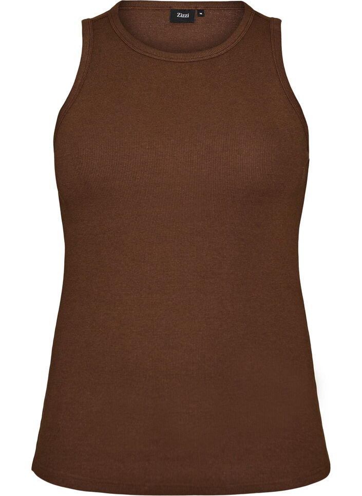 Ribbad topp i bomull med h&ouml;g hals, Brun, Packshot image number 0