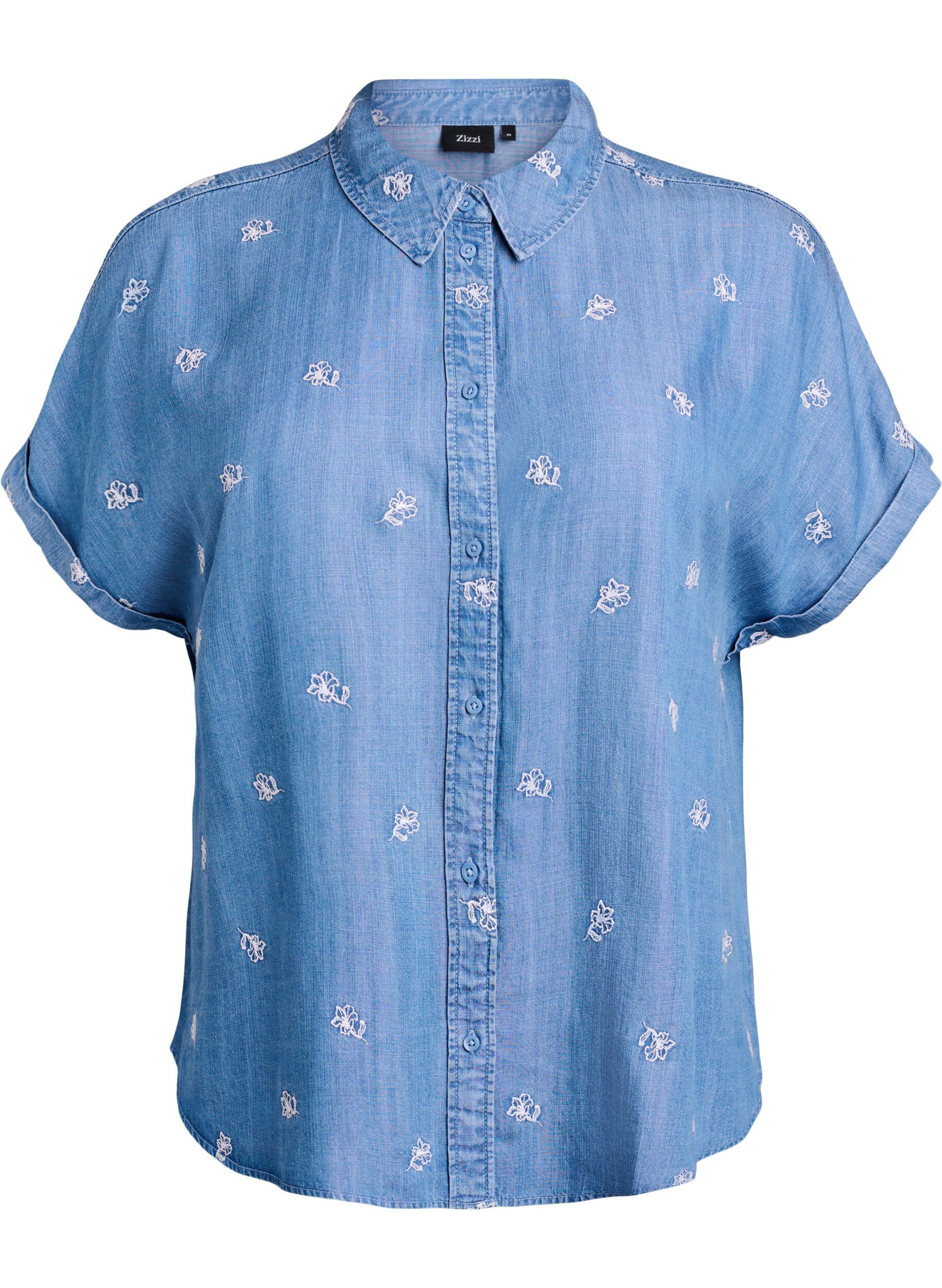 ZizziSkjorta i lyocell med denimlook och blombroderi, Bl&aring;, Packshot image number 0
