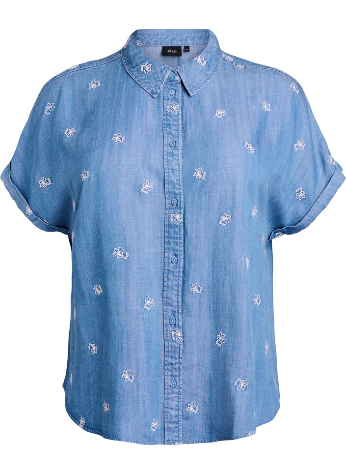Skjorta i lyocell med denimlook och blombroderi, Bl&aring;, Packshot image number 0