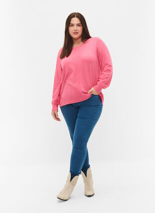 Enfärgad stickad tröja med ribbade detaljer, Hot Pink Mel., Model image number 3