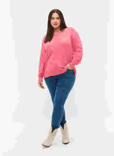 Enfärgad stickad tröja med ribbade detaljer, Hot Pink Mel., Model image number 3