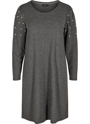 Klänning med långa puffärmar och pärlor, Dark Grey Melange, Packshot image number 0