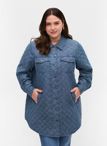 Mönstrad jacka med knappar och fickor, Blue denim, Model image number 0