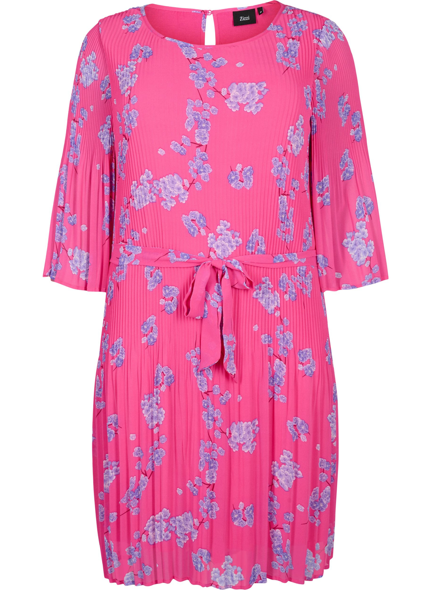 Zizzi Plisserad kl&auml;nning med m&ouml;nster och knytband, Beetroot Purple AOP, Packshot image number 0