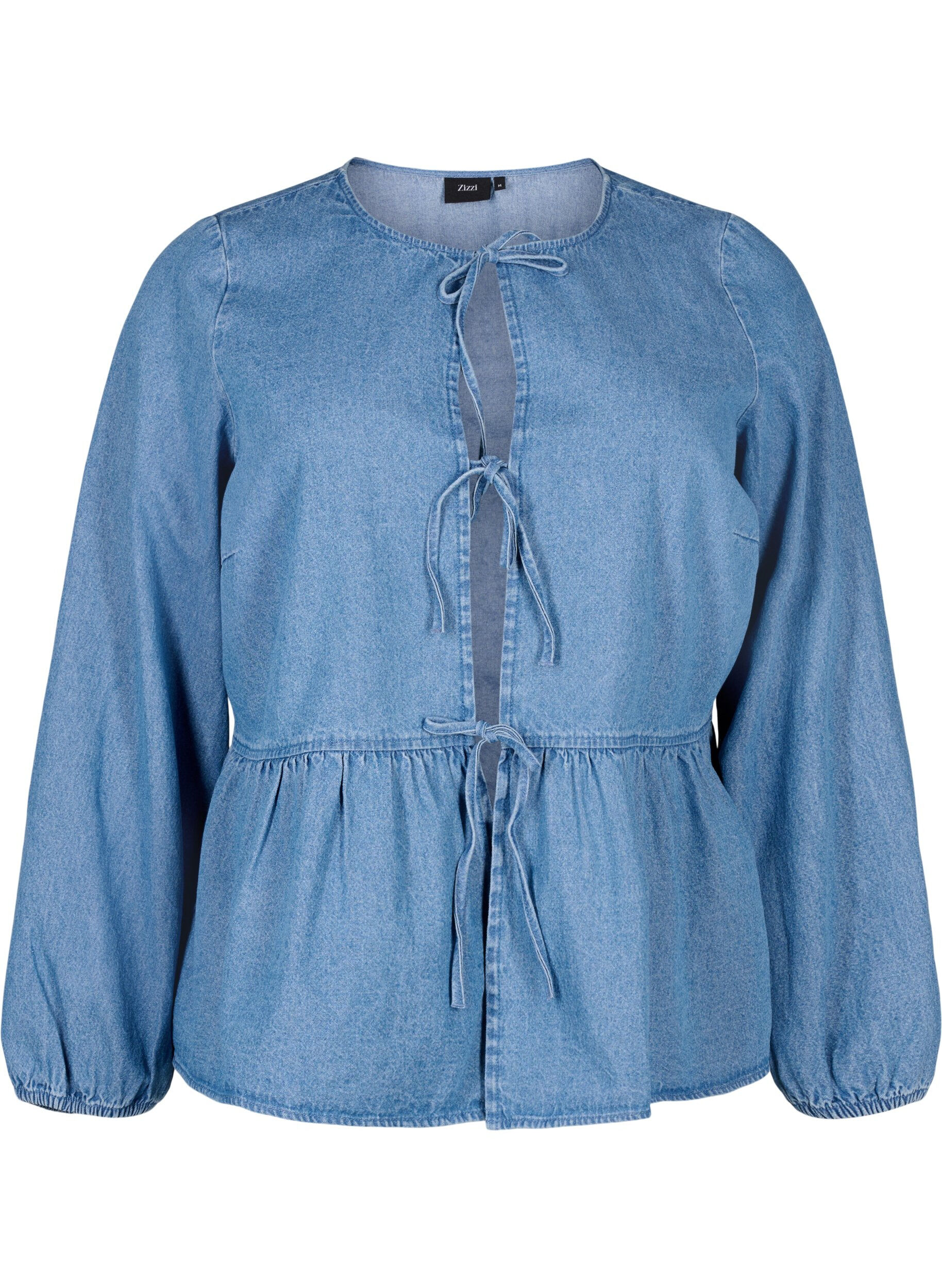 ZizziPeplum denimblus med knytband, Light Blue Denim, Packshot image number 0