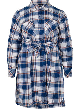 Rutig skjortklänning med knytdetalj, Blue White Check, Packshot image number 0